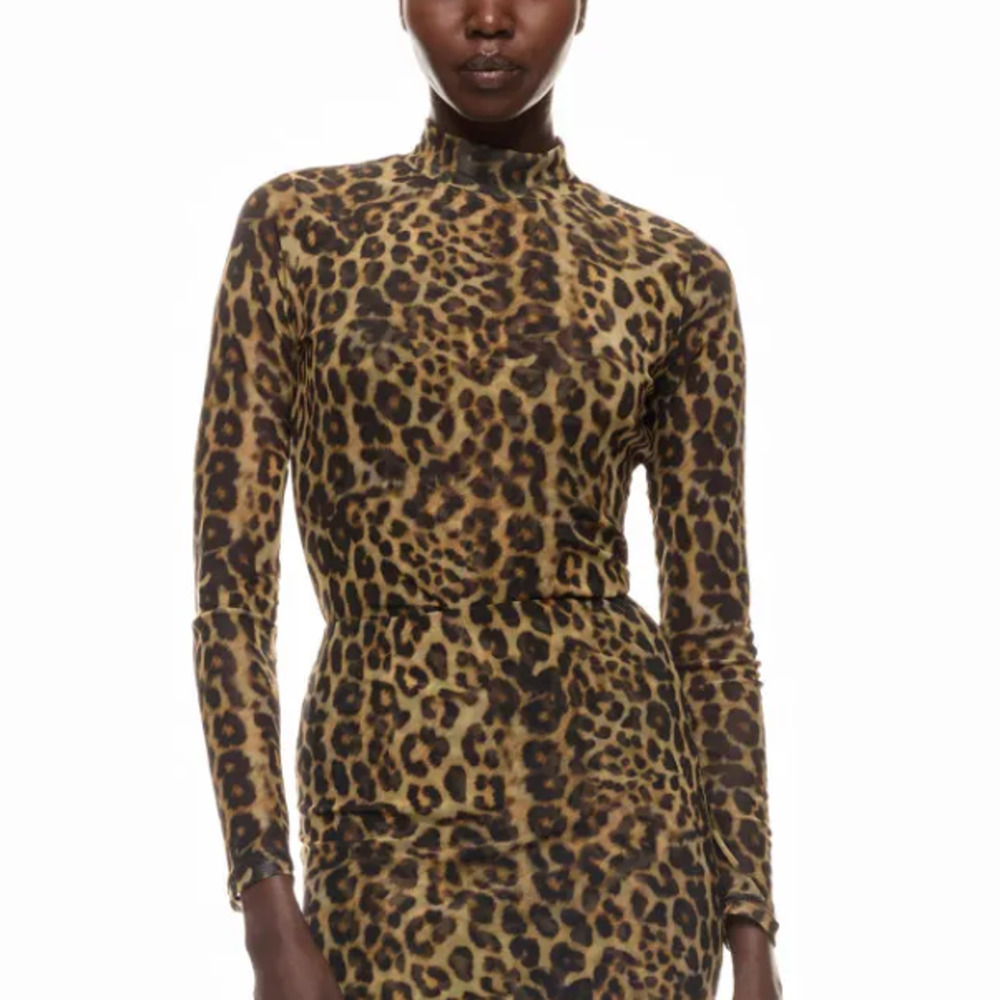 Ronny Kobo Leopard Mesh Top LARGE Animal Print Bodycon Long Sleeve Mockneck $245